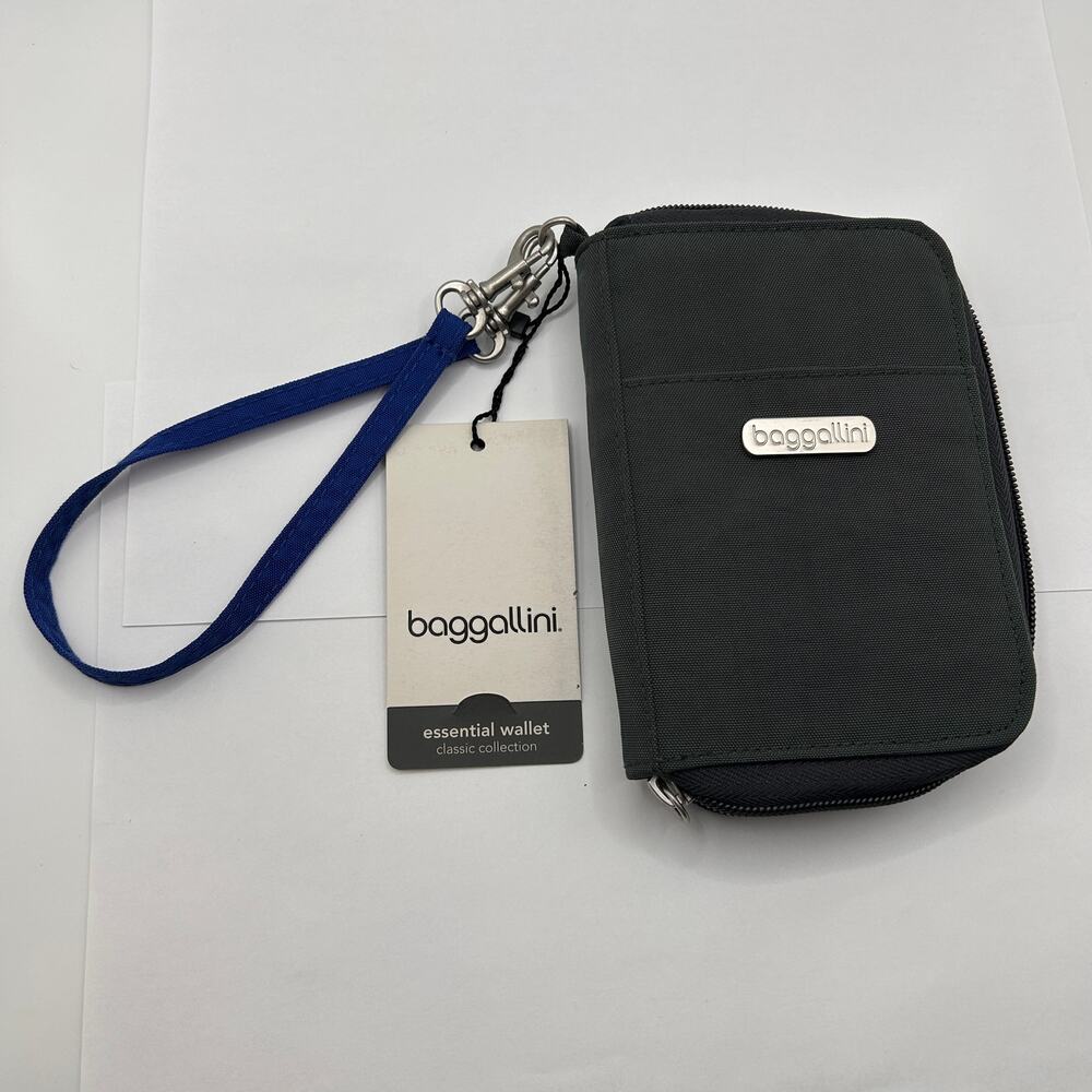 BAGGALLINI - Zip Around Organizer Wallet  Wristlet Gray w Blue 13" Wrist Strap